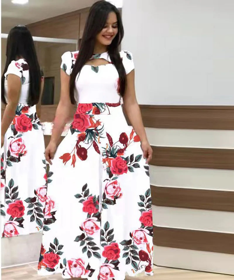 Elegant Spring Women's Dress Casual Fashion Floral Print Short Sleeve Super Long Dress 2023 New Fashion Hollow Out Long Dresses