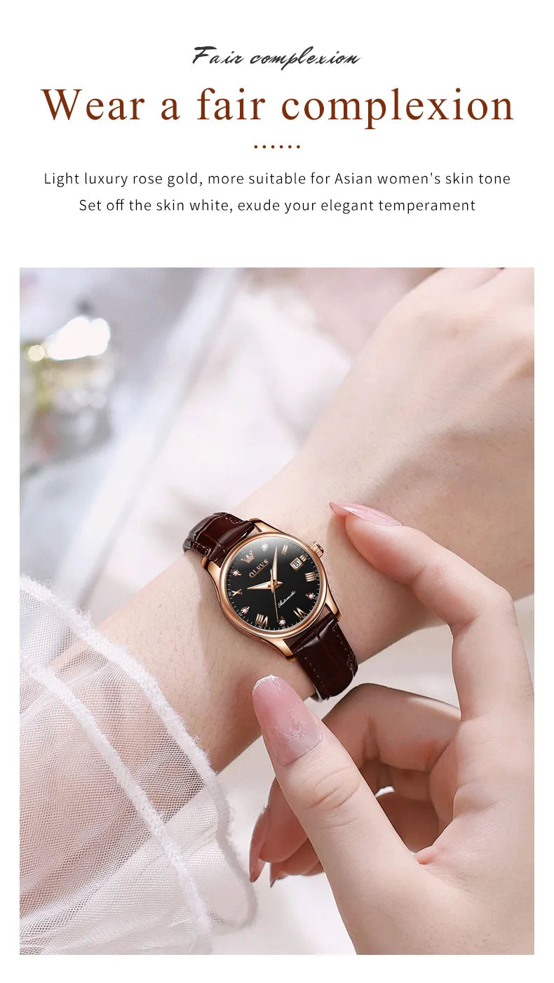 OLEVS 9932 Women's Automatic Mechanical Wristwatch Leather Strap Waterproof Dual Calendar Wristwatch Luxury Elegant Ladies Watch