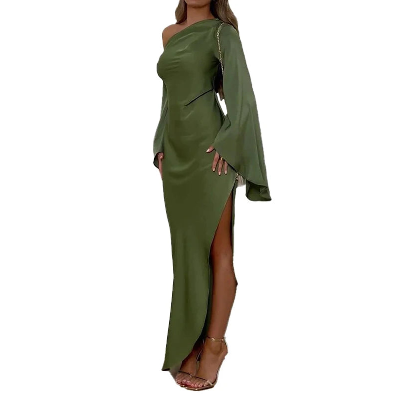 Green Asymmetrical Slim Women Robe Dress Sexy Off Shoulder Long Sleeved Party Dress 2024 Autumn Elegant Side Split A-line Dress