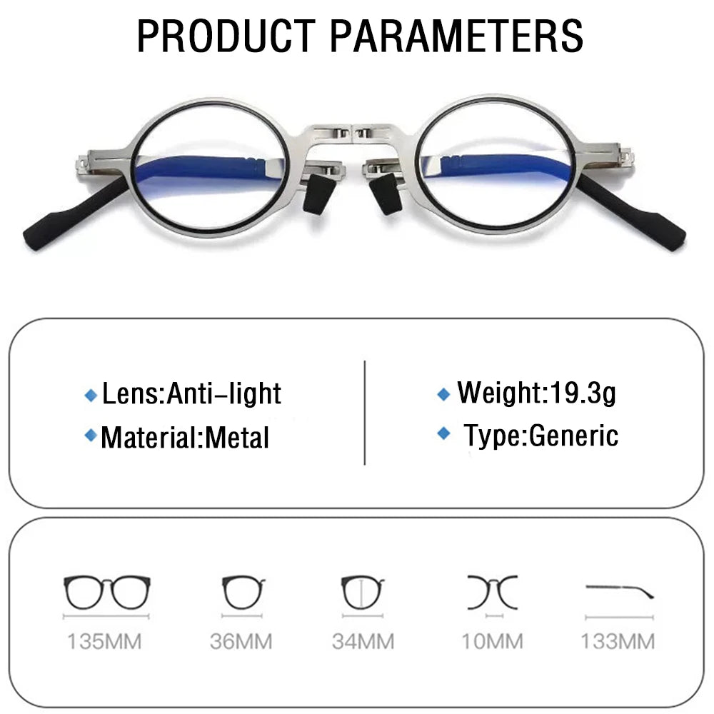 Portable Folding Reading Glasses Men Metal Round Square Anti Blue Light Eyewear Presbyopia Eyeglasses Frame Diopter +1.0 to +4.0
