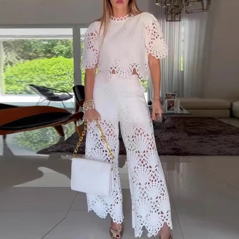 Trendy Solid Set Summer New Lace Embroidery Ruffles Elegant Outfits Women Hollow Out O Neck Half Sleeve Tops&Wide Leg Pants Sets
