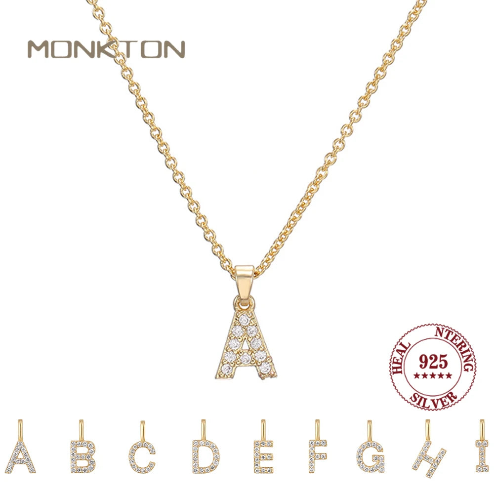 Monkton S925 Sterling Silver Letters A-Z Pendant Necklace for Women 14k Gold-Plated Fashion Jewelry for Wedding Party Gift