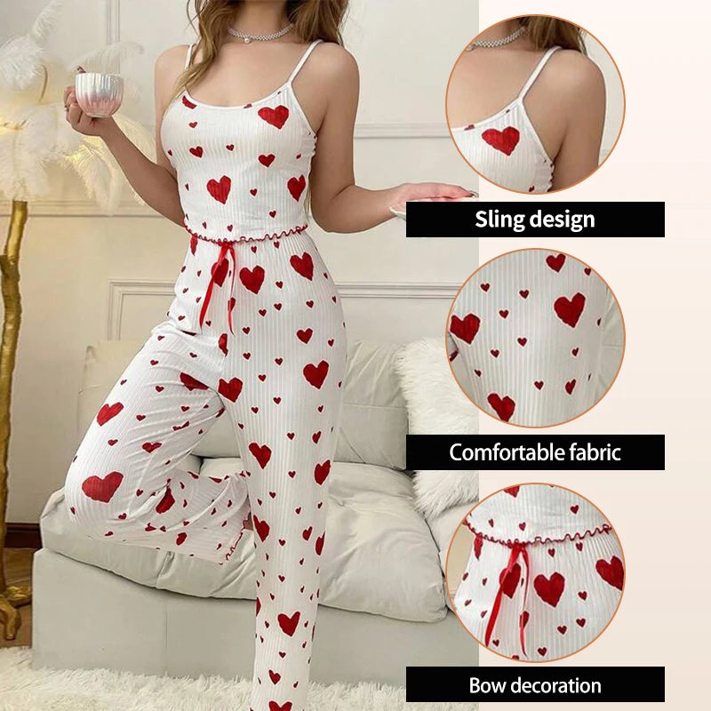 Women's Two-Piece Ice Silk Ribbed Sexy Printed Vest and Bow Decoration Long Pants Home Casual Women's Sleepwear Set
