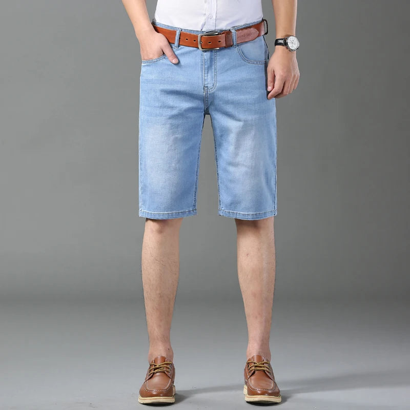 Summer Classic Shorts Jeans Men Denim Pants Straight Stretch Casual Cool Thin Knee Length Sky Blue Fashion Brand Daily Trousers