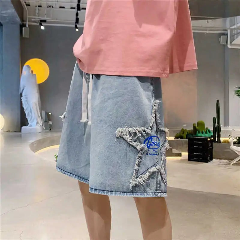 Summer Pentagram Patch Shorts Elastic Waist Letter Printed American Retro Casual Fashion Men Denim Knee-length shorts