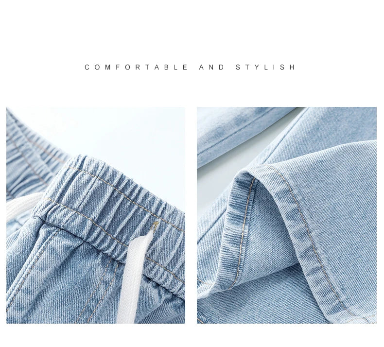 Casual Denim Shorts Men Elastic Waist Straight Comfortable Light Blue Soft Short Pants Baggy Wide Bermuda Male Jeans