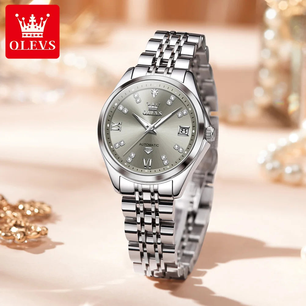 OLEVS 9801 Womens Watch Luxury Fashion Waterproof  Automatic Mechanical Watch Stainless Steel Diamond Date Ladies Watch Set