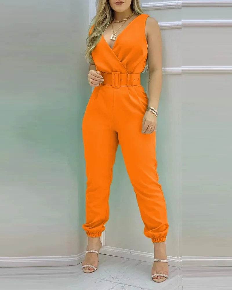 New Casual Women's Pants Women's V-neck Open Back Printed High Waist Jumpsuit Women (including Belt) Spring and Summer 2023