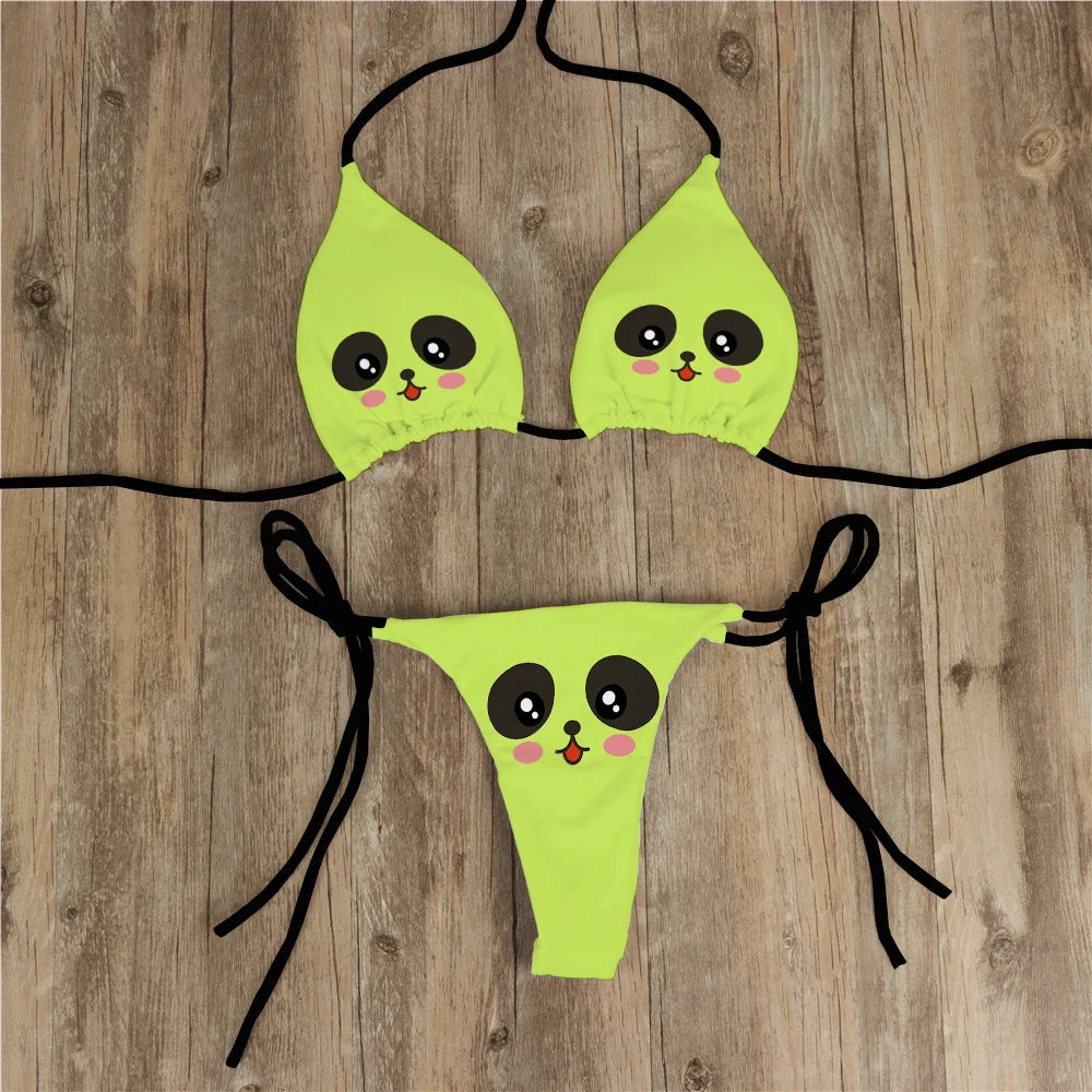 Sexy Bikini Set Yellow Swimsuit Cartoon Print  Fashion Sweet Women's Bra Swimsuit Deep V Summer Beachwear Party Bikini suit