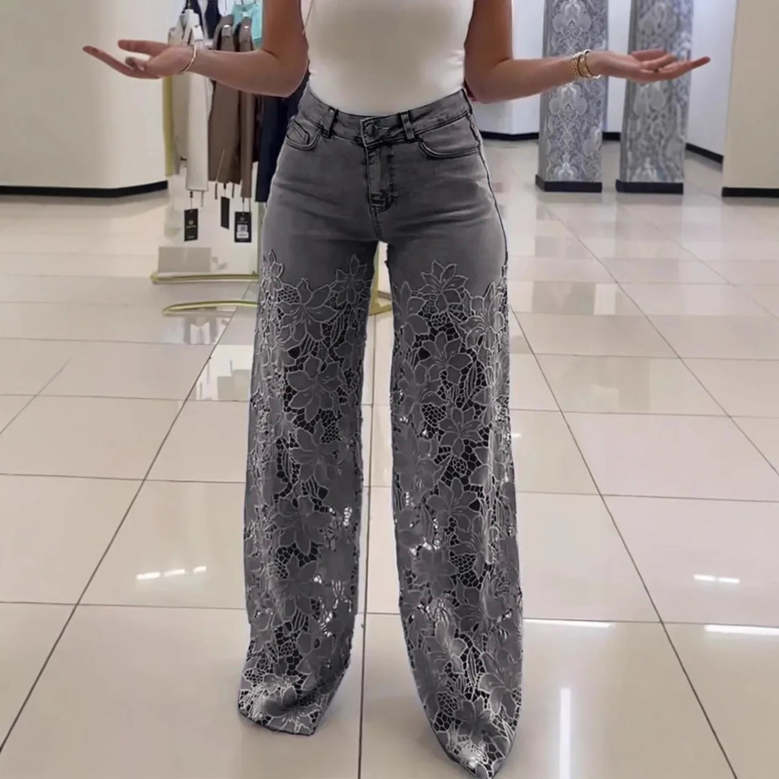Women's Spring Summer Fashion Hollow Out Lace Splicing Denim Drape Pants Full Length Trousers