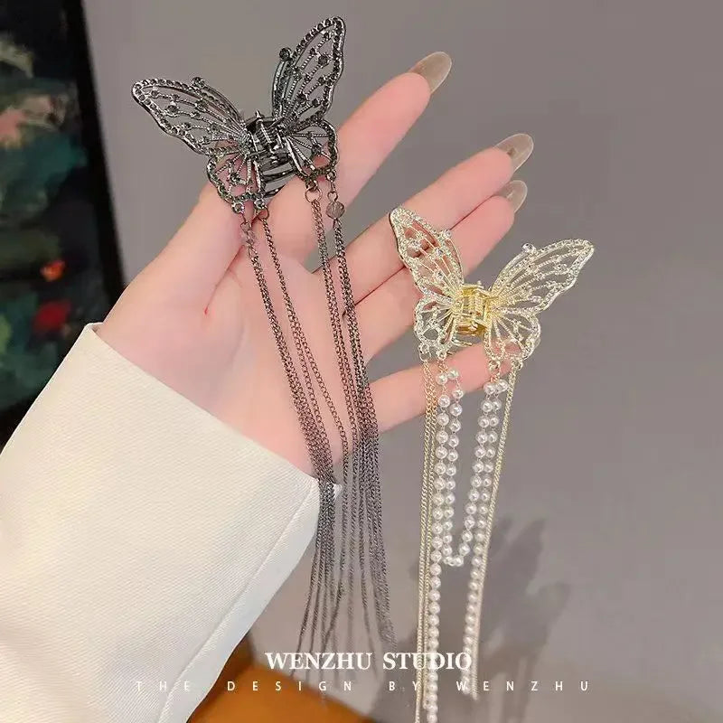 New Exquisite Rhinestone Butterfly Fringe Hair Claw Clips Korean Ponytail Braid Pearl Hairpin Girl Crab Metal Headdress Gift