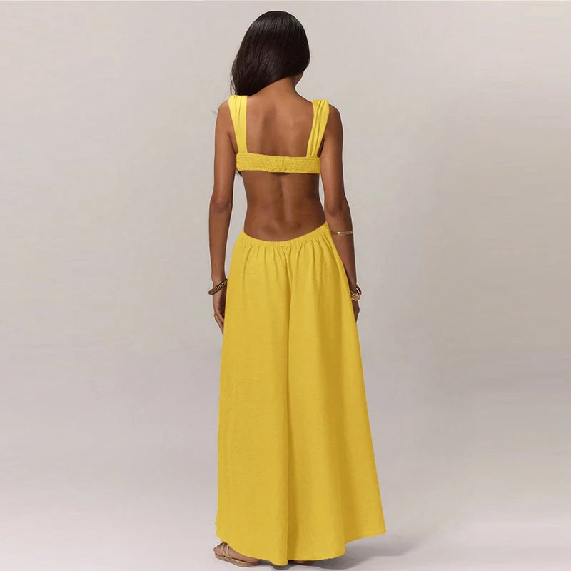 Fashion Hollow Waist Halter Wide Leg Jumpsuits Sexy Tube Top Sleeveless Solid Color Playsuits Lady High Street Commute Rompers