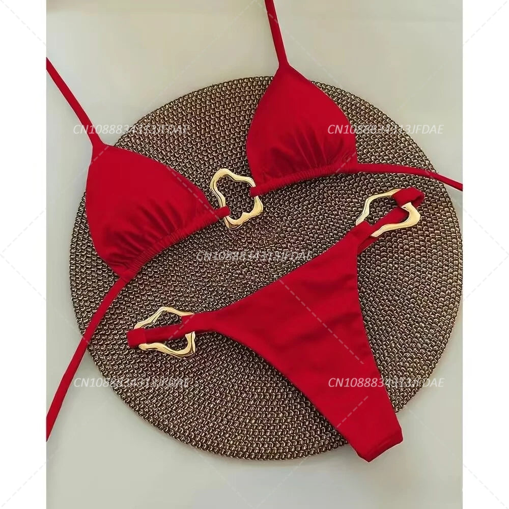 New Sexy Bikini Solid Color Lace-up Split Two-piece Swimsuit for Women