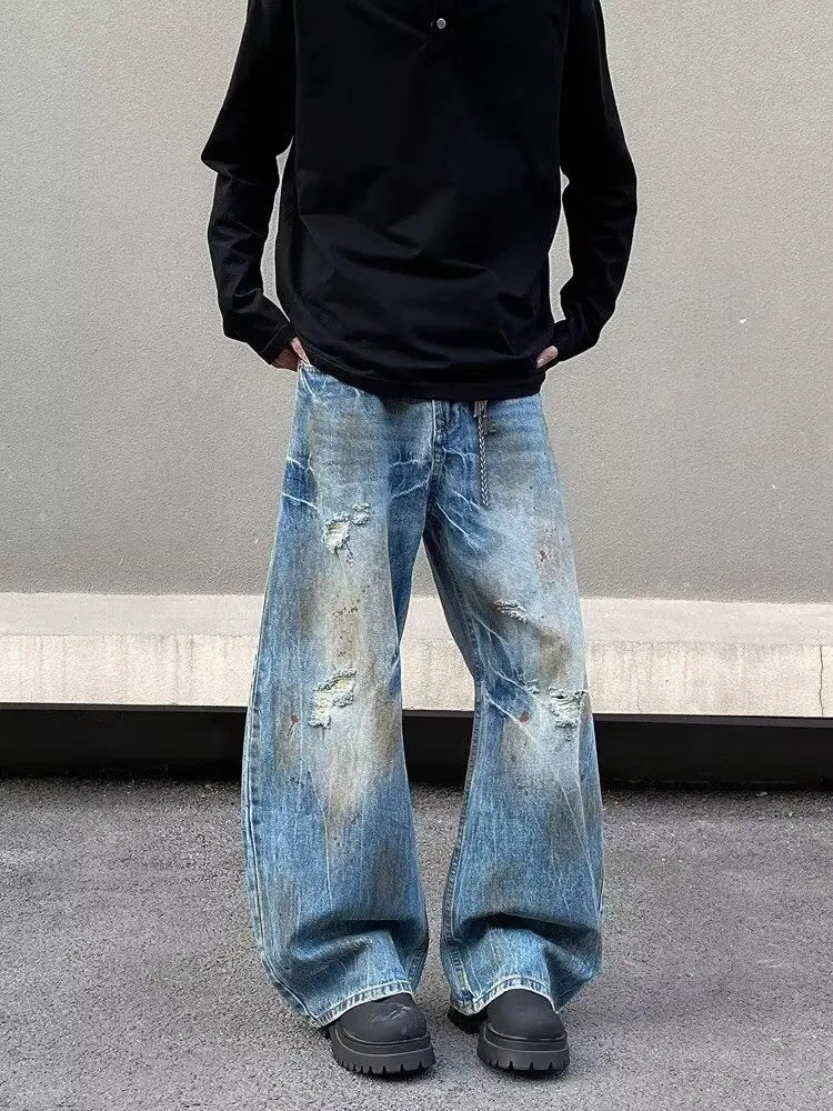2000S Clothes Y2K Grunge Old Dirty Washed Blue Baggy Ripped Jeans Pants For Men 90S Vintage Clothes Denim Trousers Ropa Hombre