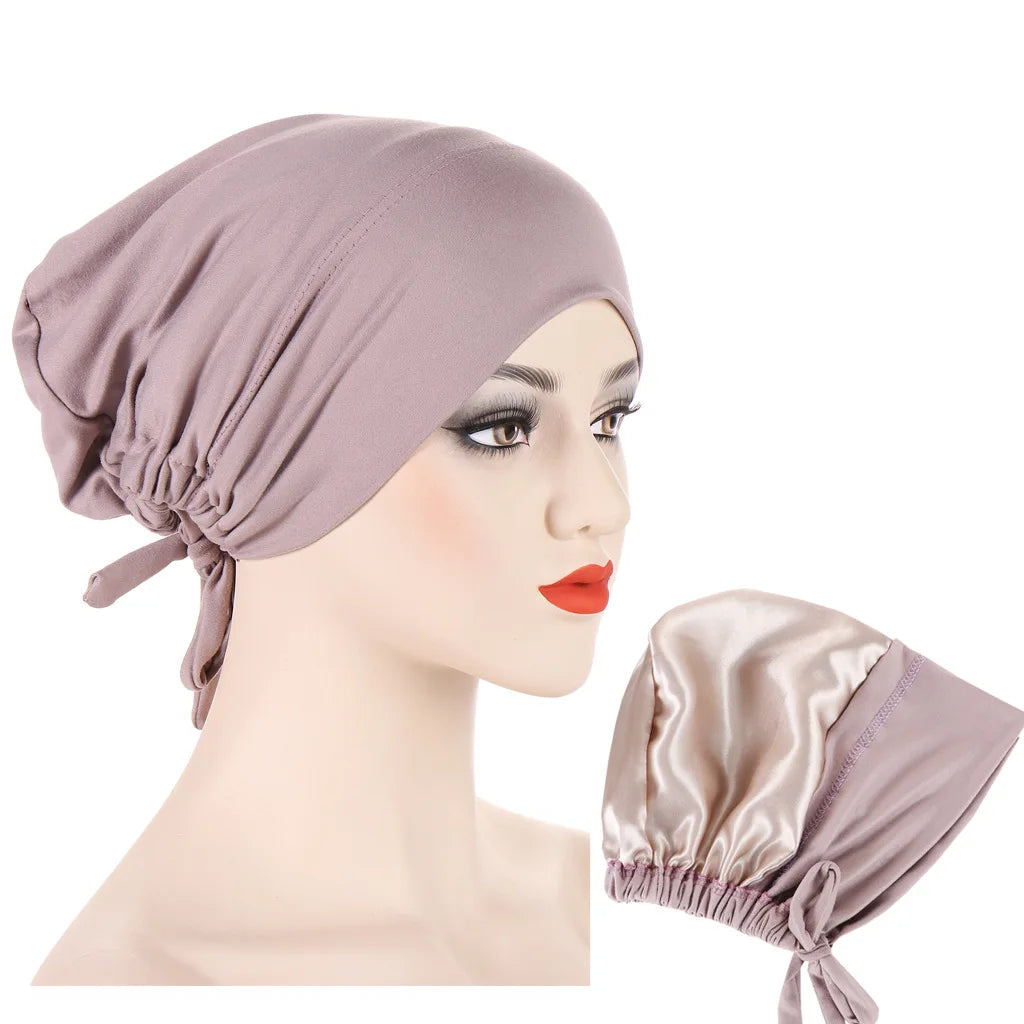 Double Layer Satin Hijab Cap for Women, Islam Undercap with Tie Bonnet, Instant Hijabs, Turkish Scarves, Muslim Turban, Bandana