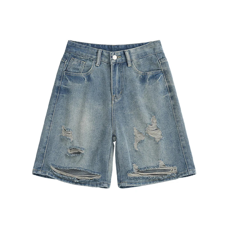 Men Blue Ripped Denim Shorts Summer New American High Street Casual Loose Zipper Pants Fashion Versatile Wide-Leg Trousers