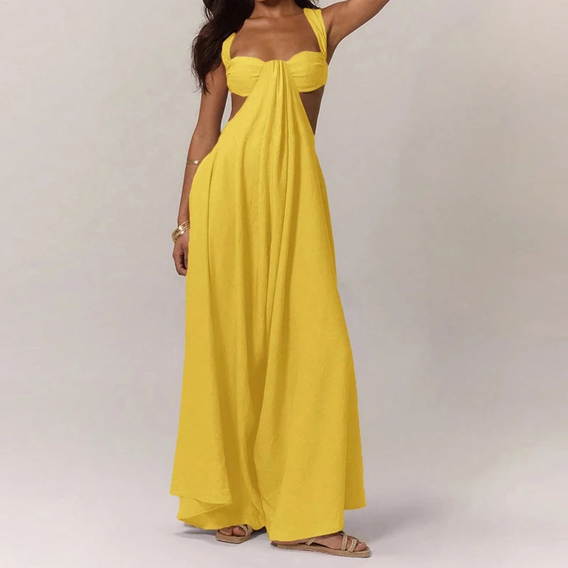 Fashion Hollow Waist Halter Wide Leg Jumpsuits Sexy Tube Top Sleeveless Solid Color Playsuits Lady High Street Commute Rompers
