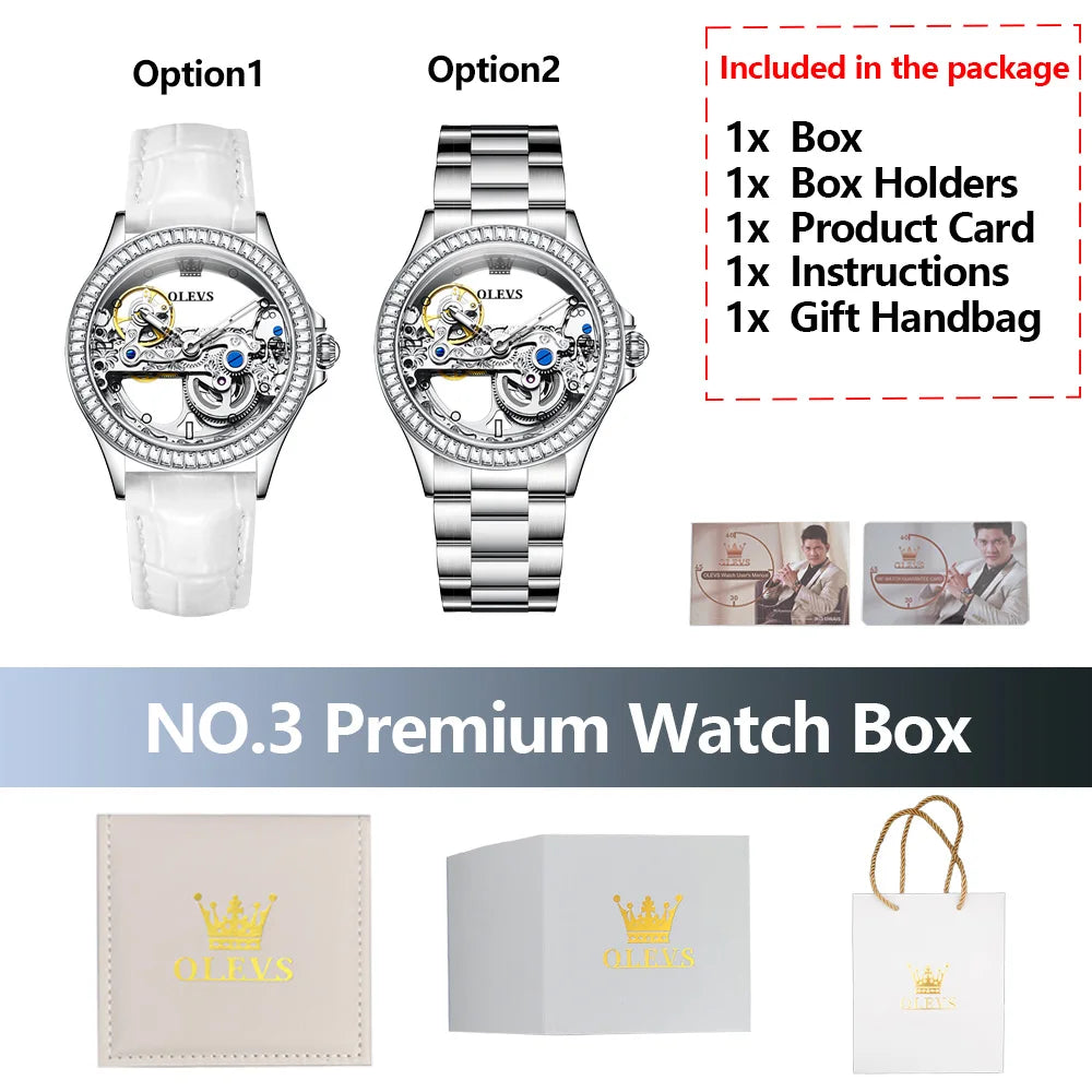 OLEVS Luxury Women Automatic Mechanical Watch Stainless Steel Diamond Inlay Fully Hollow Design Luminous Dial Elegant Wristwatch