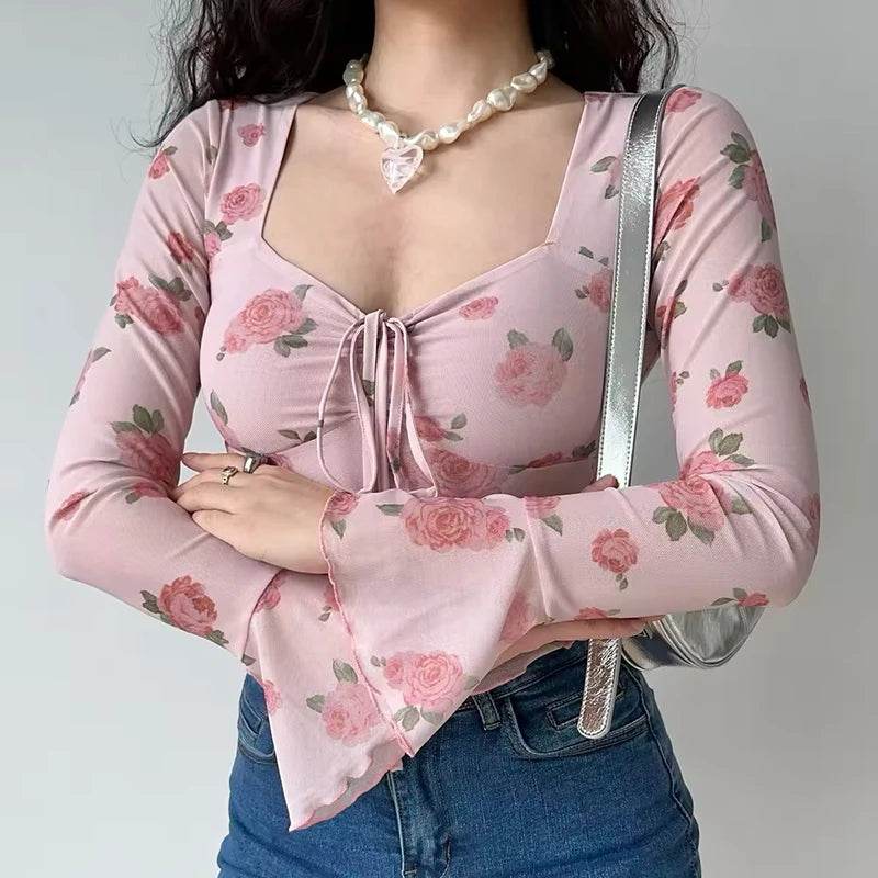 HELIAR Women Floral Printed Sweet Holiday T-shirts Flare Sleeve Lace Up Chiffon Office Blouse Mesh Beach Tees Top Spring Summer