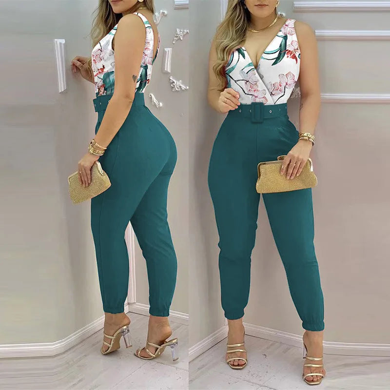 New Casual Women's Pants Women's V-neck Open Back Printed High Waist Jumpsuit Women (including Belt) Spring and Summer 2023