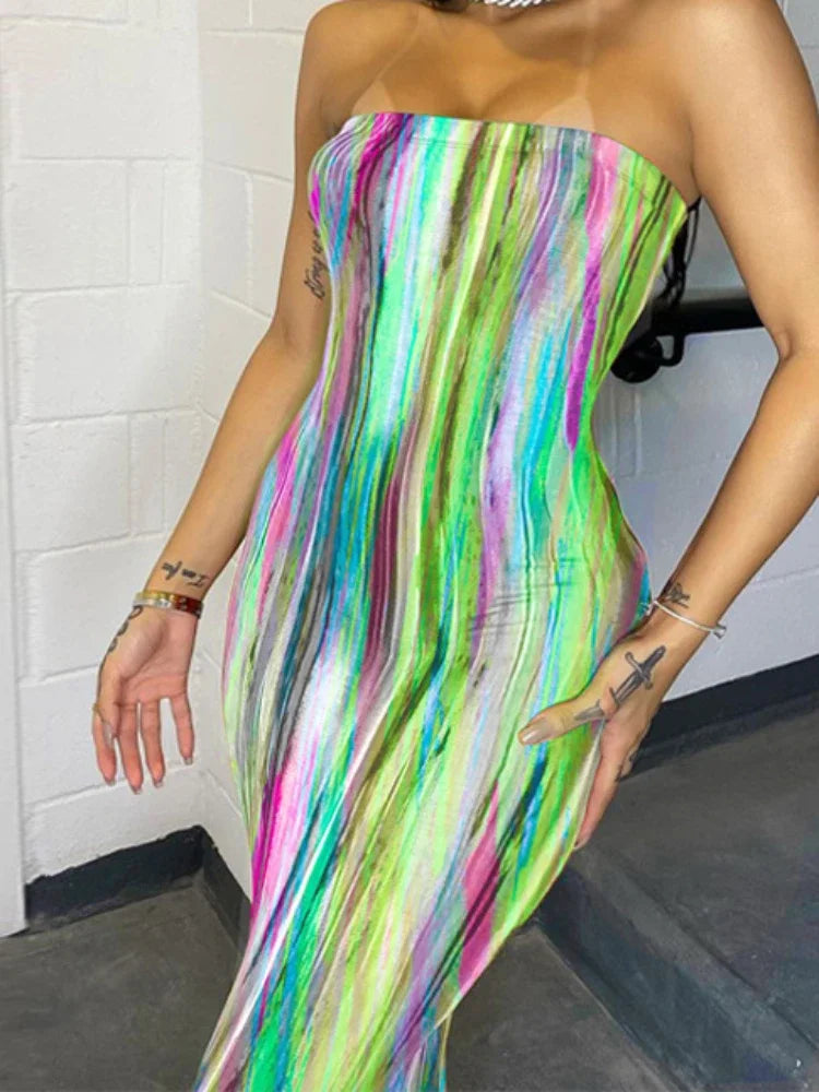 Sexy Boho Style Colorful Striped Tie-dyed Long Maxi Dress Women Strapless Sleeveless Bodycon Dress Elegant Club Party Vestidos