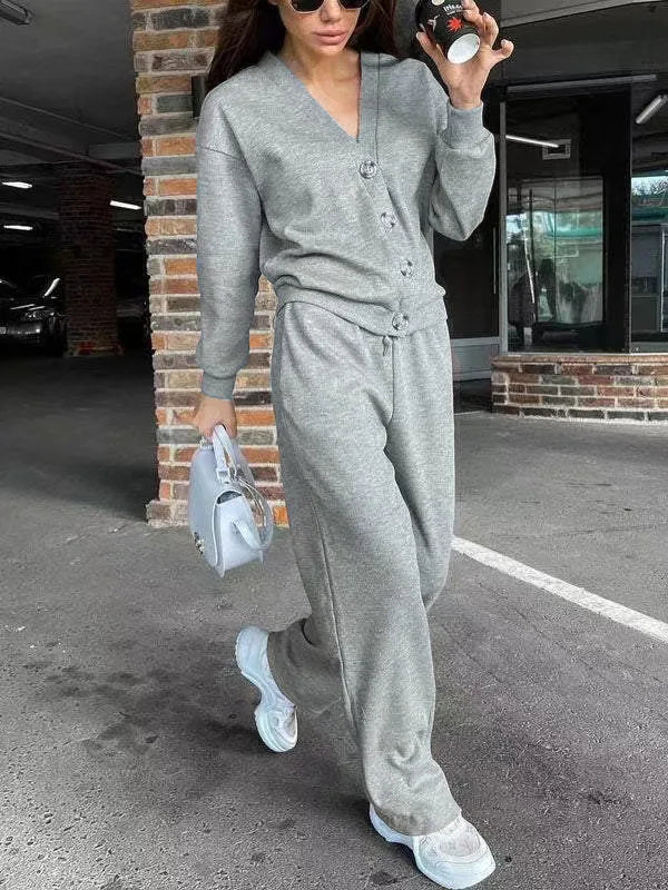 Autumn Fashion Sports Suit For Women Casual V Neck Single Breasted Long Sleeved Coat Top Lace Up Straight Pants 2 Piece Set