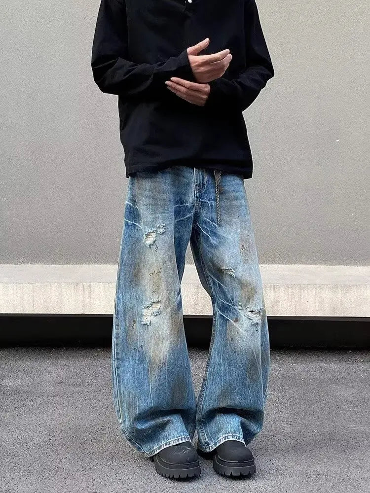 2000S Clothes Y2K Grunge Old Dirty Washed Blue Baggy Ripped Jeans Pants For Men 90S Vintage Clothes Denim Trousers Ropa Hombre
