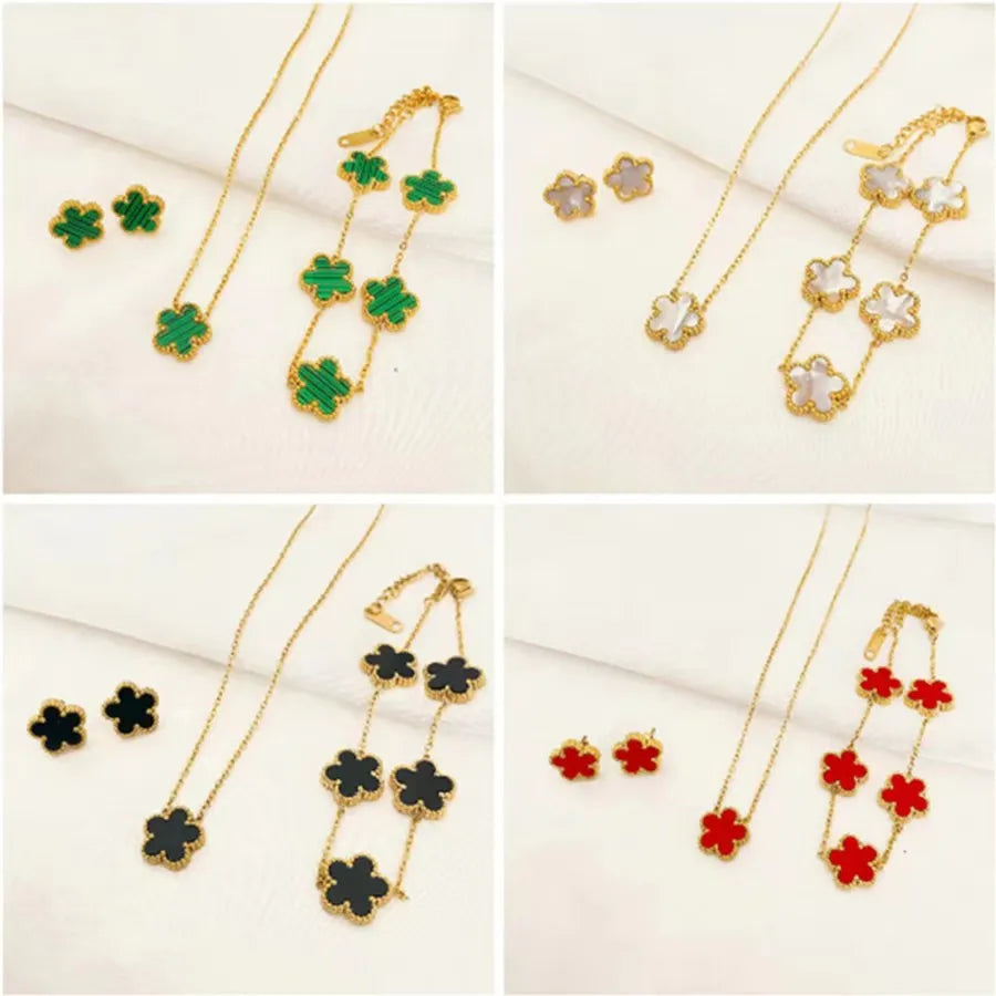 3 pieces of stainless steel plum blossom plant five leaf necklace, bracelet, earrings, women's jewelry set