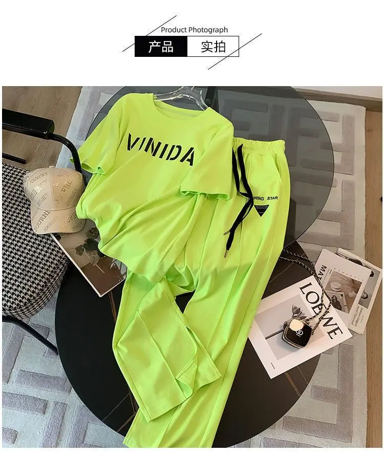 25 Summer New Fashionable Women's Set Loose Fashion Top+Sports Wide Leg Pants Two Piece Set
