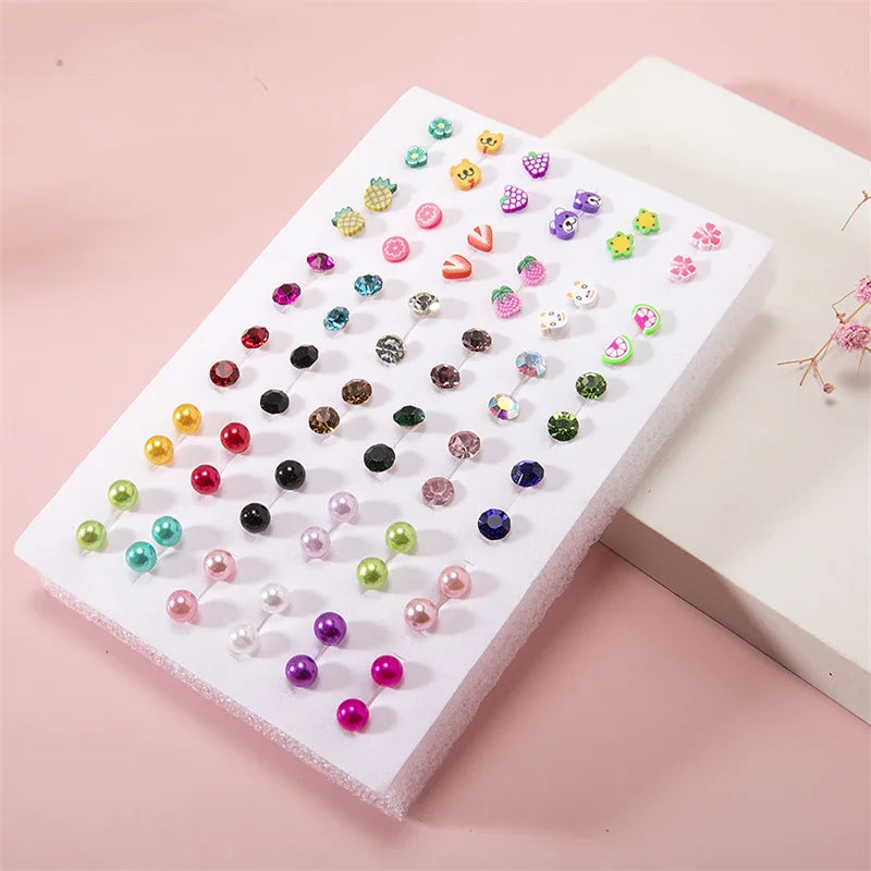 36Pair Mixed Size Colorful Crystal Stud Earrings Set Women Girls Small Plastic Clay Animals Fruit Earrings Set Jewelry Gifts