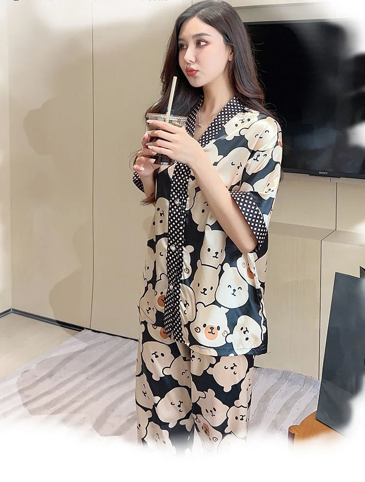 Pajamas Women Ice Silk Cardigan Short Sleeve Long Pants Fashion Casual Silk Wearable Homewear Green Letter Suit