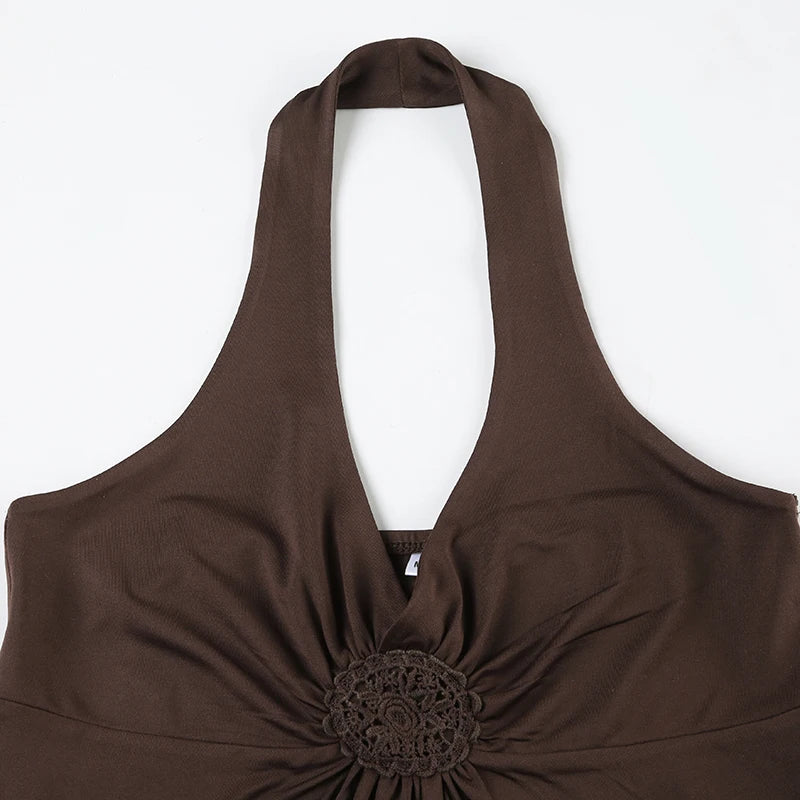 Darlingaga Vintage Embroidered Sticker Cross Halter Backless Camis Women's Fashion Summer A-Line Basic Solid Top Y2K Aesthetics