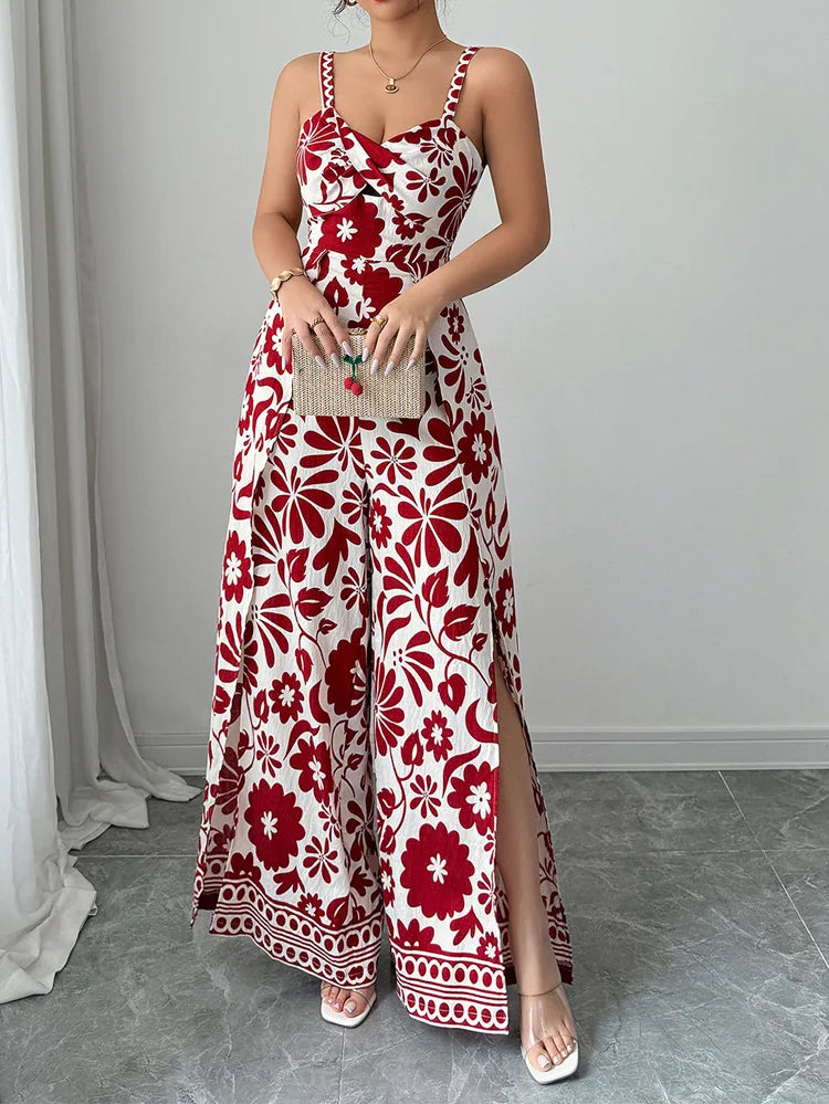 Jumpsuits Sleeveless Women V Neck Print Rompers Wide Leg Length Pants Jumpsuit Sexy High Waist Slight Strech Loose One Piece