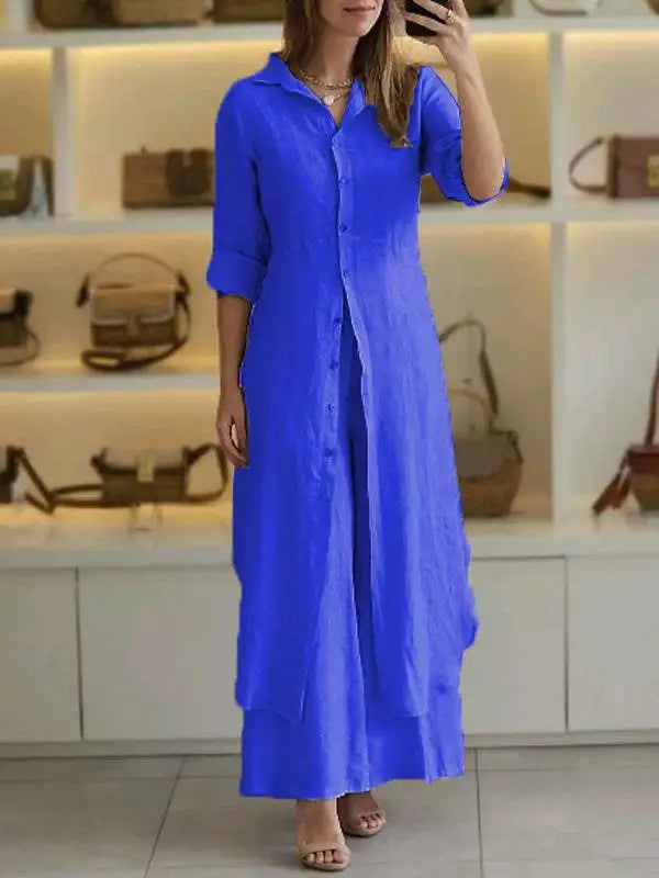 Elegant Lapel Single-breasted Long Shirt + Wide-leg Pants 2-piece Set Women Fashion Solid Color Waisted Office Shirt Suit Female
