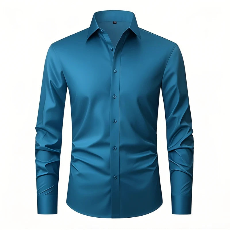 Hot New Mens Formal Shirts Long Sleeve Solid Color Anti-Wrinkle Stretch Fashion Business Free Slim Fit Office Social White Shirt