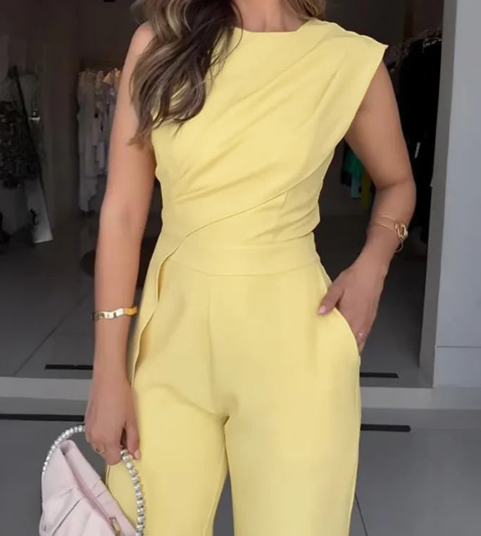 Jumpsuit Woman Fashion 2025 Casual Sleeveless Ruched Irregular Jumpsuit Pockets Simple Commuting Loose Straight Pocket Jumpsuit