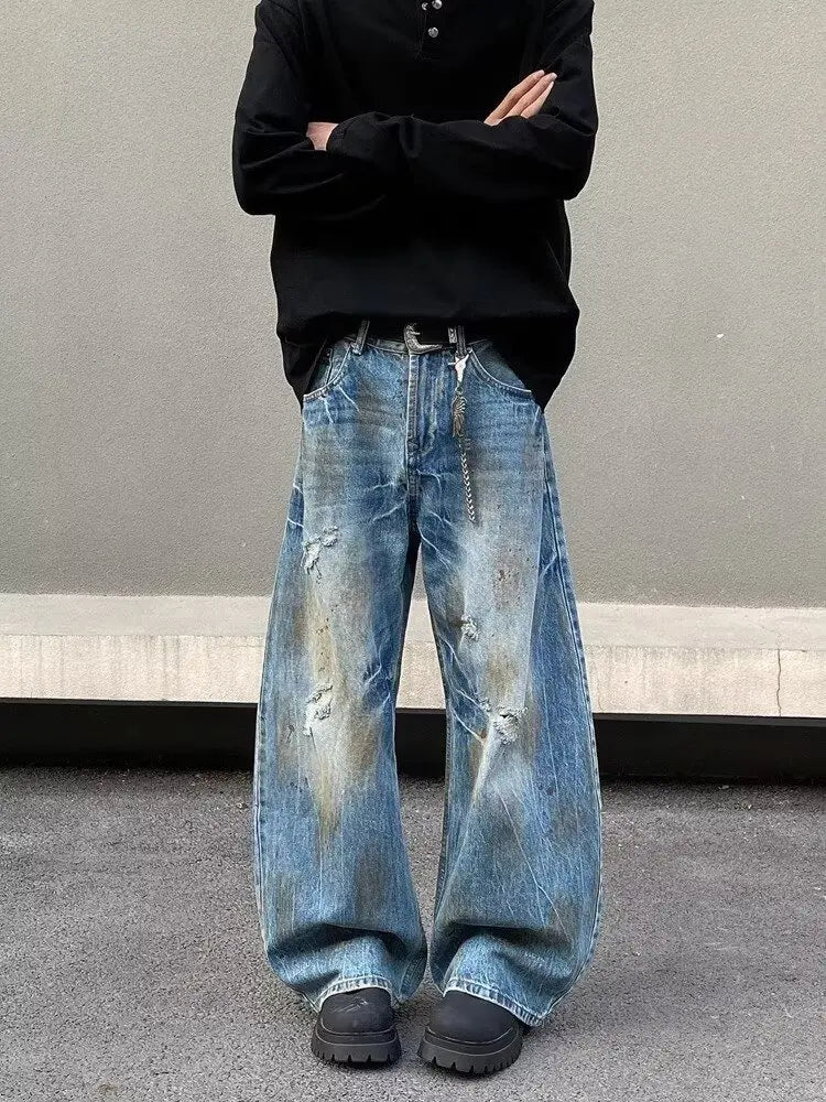 2000S Clothes Y2K Grunge Old Dirty Washed Blue Baggy Ripped Jeans Pants For Men 90S Vintage Clothes Denim Trousers Ropa Hombre