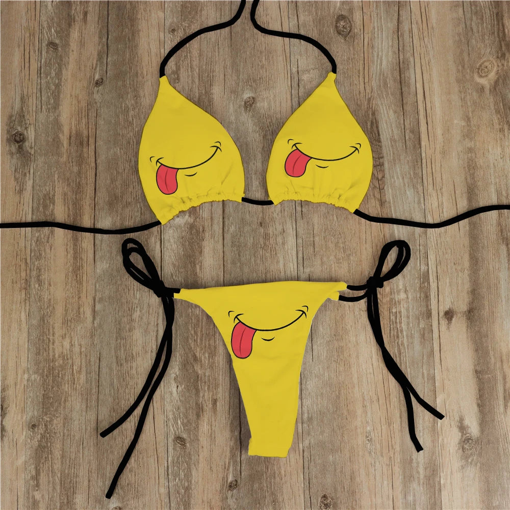 Sexy Bikini Set Yellow Swimsuit Cartoon Print  Fashion Sweet Women's Bra Swimsuit Deep V Summer Beachwear Party Bikini suit