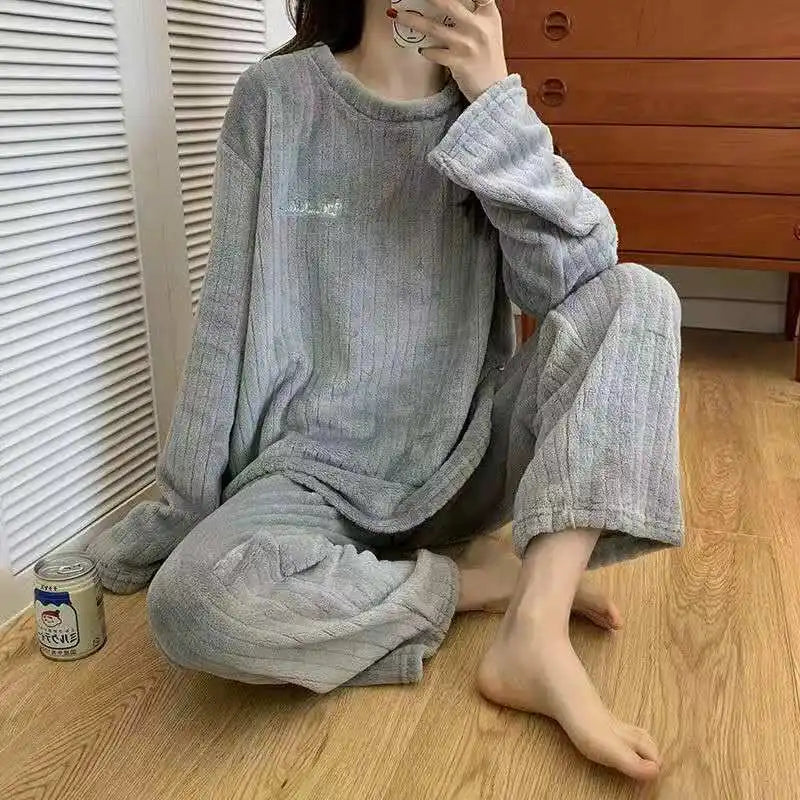 Autumn Women Solid Warm  Thicken Velvet Ribbed Fleece Set Pullover And Pants Women Casual Pajama Sets 2024