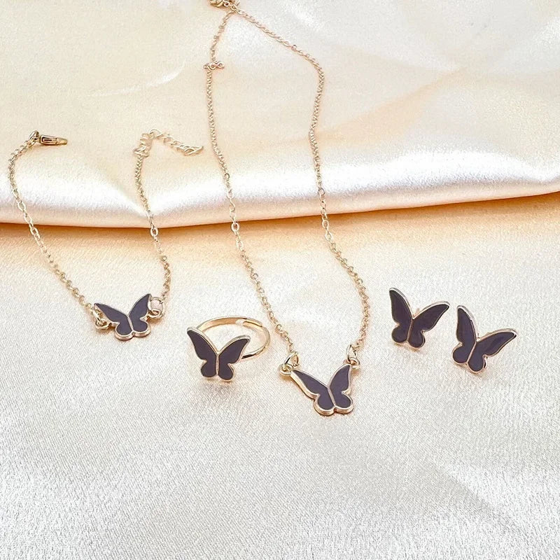 4Pcs Exquisite Butterfly Drop Glazed Jewelry Sets Women New Fashion Versatile Butterfly Pendant Jewelry Set Biżuteria Komplet