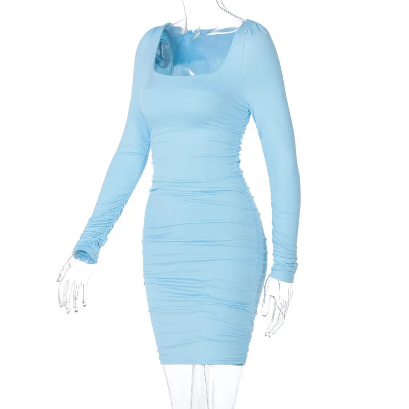 Elegant Square Collar Long Sleeves Folds Slim Bodycon Dress Women Solid Color Skinny Mini Dress Sexy Club Party Vestidos