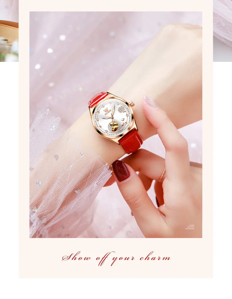 OLEVS Luxury Brand Women Mechanical Watch Leather Strap Waterproof Simple Fashion Ladies Automatic Wristwatch Relojes Para Mujer