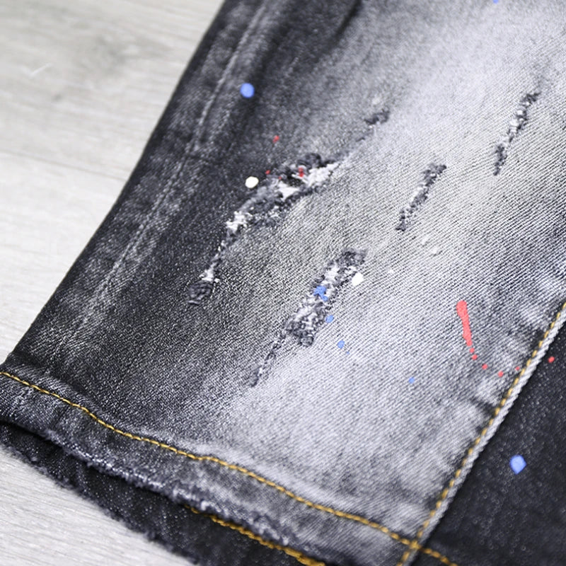 Tie-dye Fashion Paint Spots Denim Shorts Men's Summer New Ripped Retro Dilapidated Male Streetwear Short Jeans