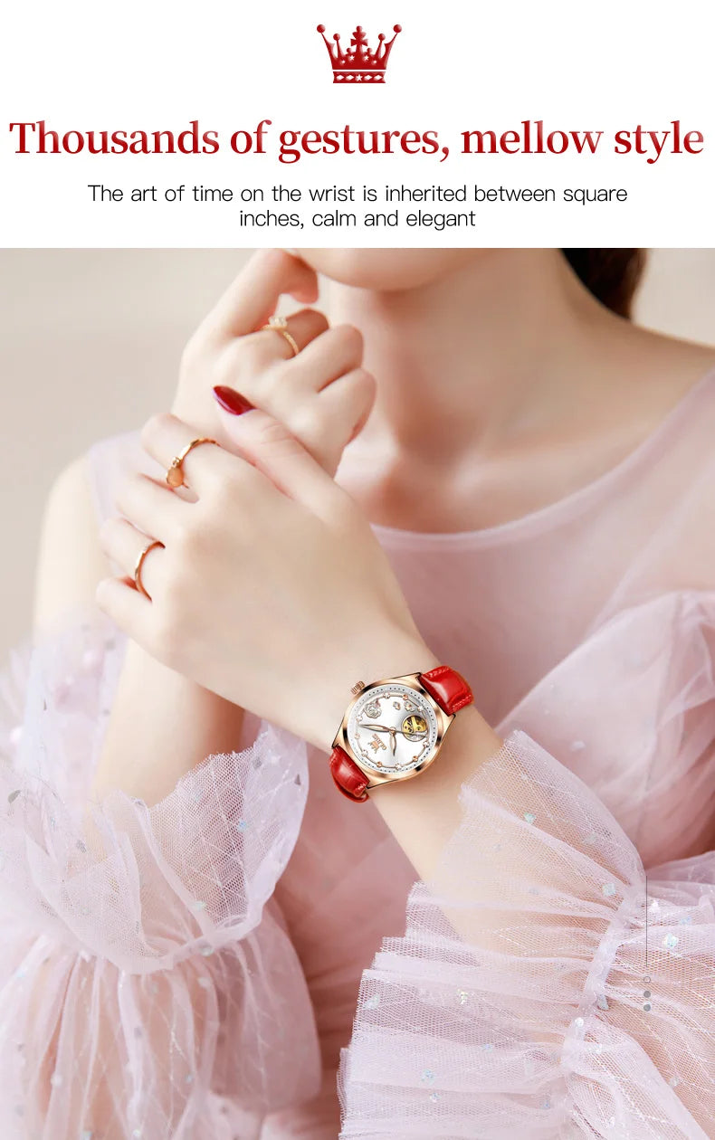 OLEVS Luxury Brand Women Mechanical Watch Leather Strap Waterproof Simple Fashion Ladies Automatic Wristwatch Relojes Para Mujer