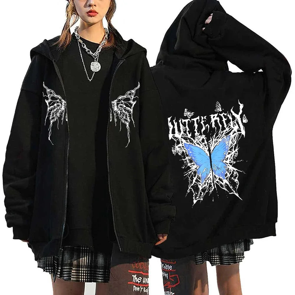 Women Vintage Butterfly Print Hoodies Autumn Winter Zip Up Long Sleeve Pocket Loose Sweatshirt Y2K Female Gothic Streetwear