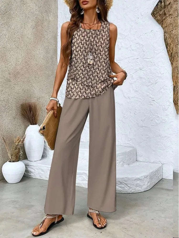 Elegant Square Collar Top Wide Leg Pants Two-piece Set 2025 New Women's Sleeveless Double-layer Vest Pants Set Woman Rompers