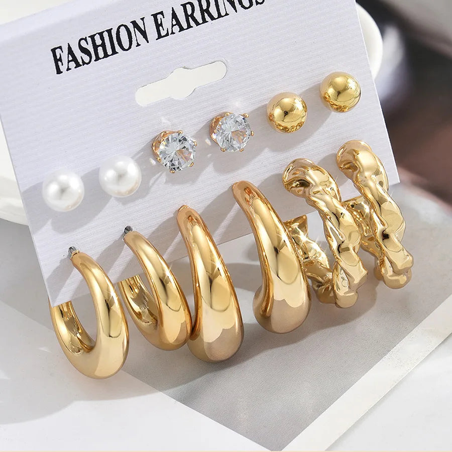 6Pcs Classic Geometry Glossy Ccb Gold Plated Waterdrop C Shape Hoop Earrings Set for Women Teens Vintage Daily Wear Ear Jewelry