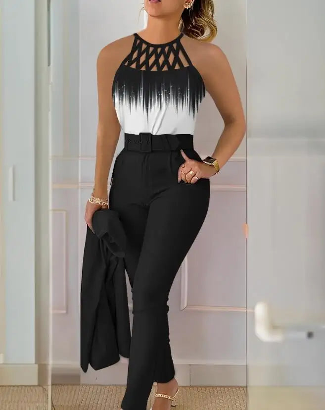 Women's Urban Style Suit 2025 Spring Summer Latest Sexy Solid Color Hollow Out Sleeveless Tank Top&high Waist Straight Pants Set