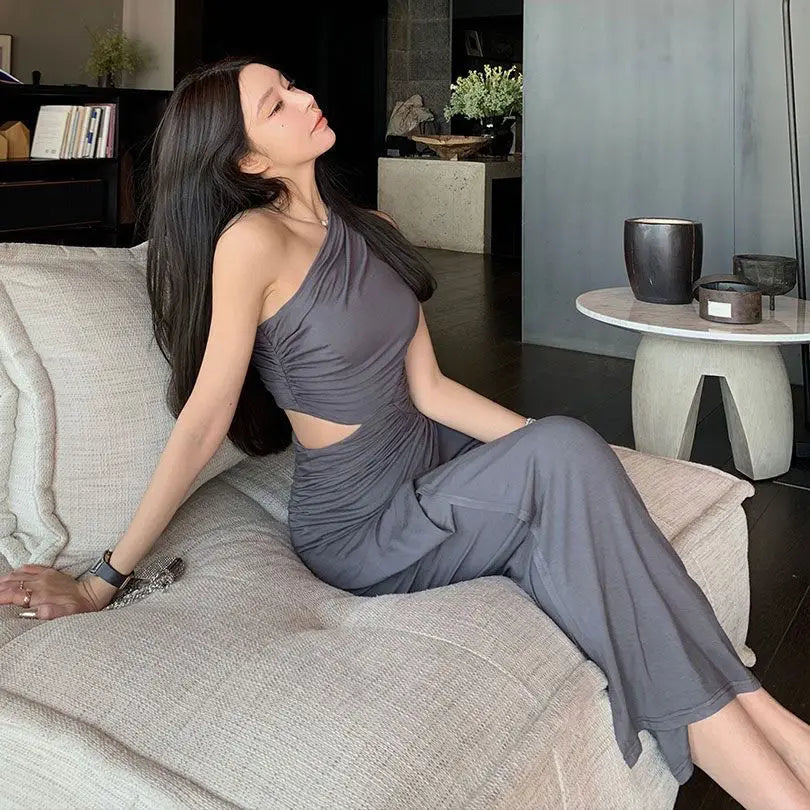 Summer New Oblique Shoulder High Waist Split Sexy Bodycon Dress Korean Elegant Women's Party Dress for Special Occasions
