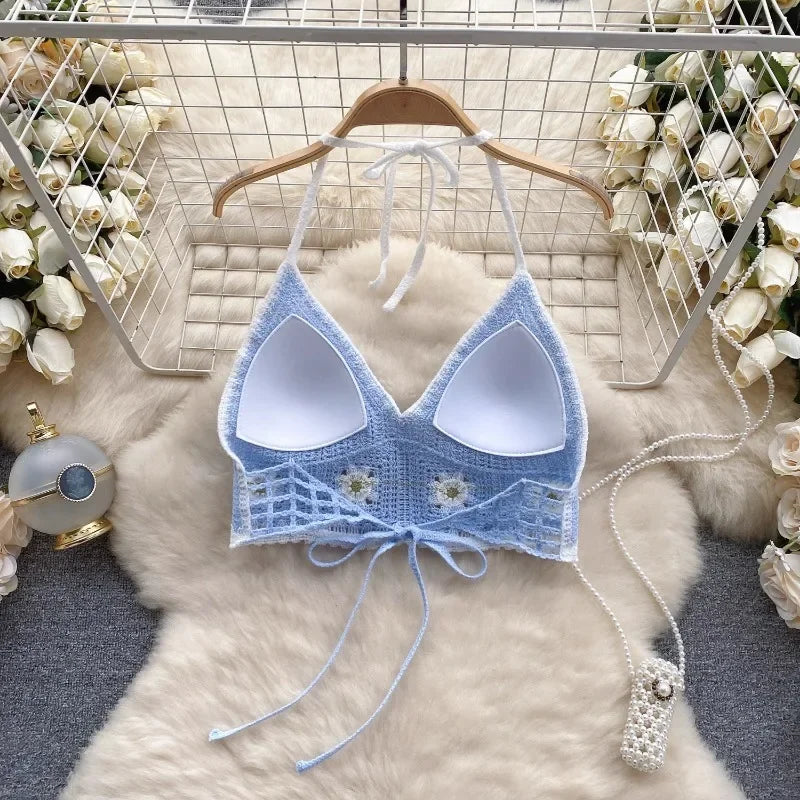Vacation Style Camis Vest Women Patchwork Sweet Hook Flower Sexy Backless Suspender Camisole Hanging Neck Outwear Crop Tops
